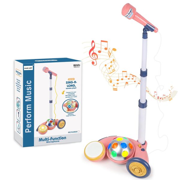 Kids Microphone with Stand, Karaoke Microphone for Kids Singing Along with Flashing Stage Lights, Musical Microphone Toys Birthday Gift for Girls Boys