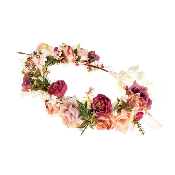 Wedding Boho Flower Crown Girls Floral Headband Wreath Headpiece Garland Halo Hair Wreath Festival Party, Red, Free