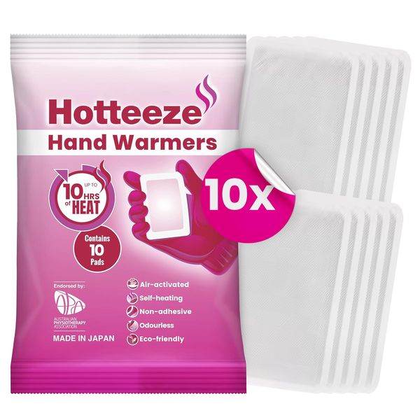 Hotteeze Hand Warmers - 10 Pads Odourless, Self-Adhesive, Disposable Glove Warmers for Pain Relief, Instant Air-Activated Pocket Heater, Provides 10 Hours of Heat for Cold Hands and Sore Muscles