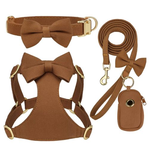 Beirui Cute Extra Small Dog Harness Set with Three Detachable Bows, Adjustable Dog Harness Collar and Leash Set with Secure Metal Buckle for Daily Walking, Parties & Holiday Outfits(Brown,XS)