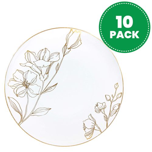 [9'' Plates 10 Count] White Plastic Floral Design Party Dinner Plates With Gold Rim Premium heavyweight Elegant Disposable Tableware Dishes