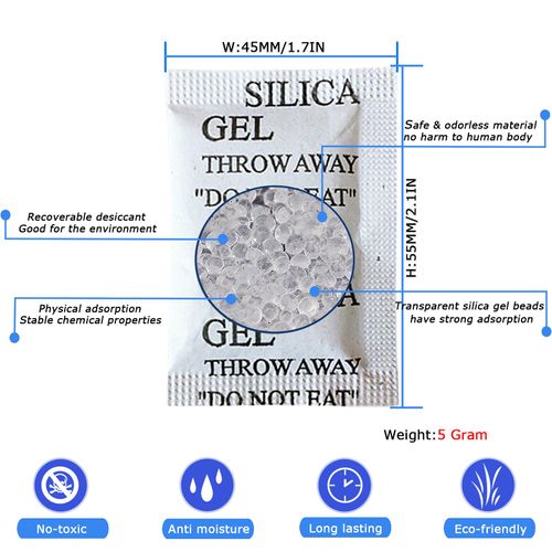 50PCS Premium 5 Gram Silica Gel Packets, Desiccant Packs for Storage, Dessicator with Transparent Beads Dehumidifiers, Moisture Absorbers & Humidity Dry Bags for Electronics Jewelry Shoes Boxes Dryer