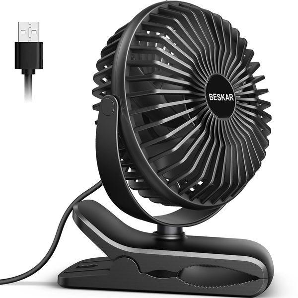 BESKAR Small Clip on Fan, 3 Speeds USB Fan with Strong Airflow, Clip & Desk Fan USB Plug in with Sturdy Clamp - Ultra Quiet operation for Office Dorm Bedroom Stroller