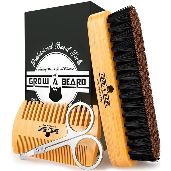 Beard Brush for Men & Beard Comb Set w/Mustache Scissors Grooming Kit, Natural Boar Bristle Brush, Dual Action Wood Comb, and Travel Bag Great for Christmas Gift