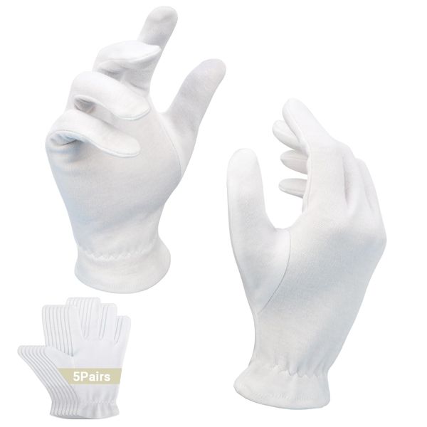 ENPOINT White Gloves Men Women, 5 Pairs Cotton Gloves Eczema Elastic Closure Breathable Work Glove Liners for Dry Hands Moisturizing Overnight Hand Mask Sleeping Glove Jewelry Art Handling, Large