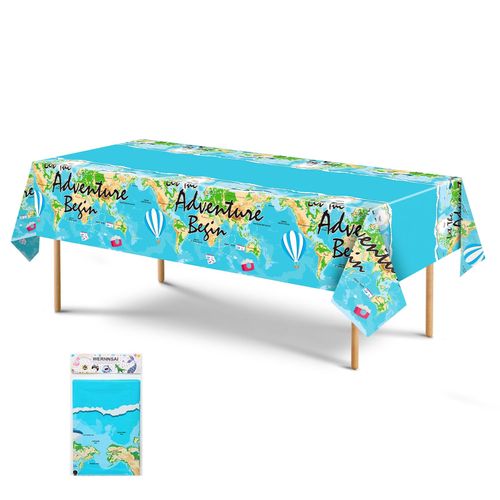 WERNNSAI Adventure World Awaits Tablecloth - 1PC Travel Themed Party Decorations World Theme Table Cover Plastic Disposable Tablecloth for Boys Graduation Baby Shower Birthday Supplies 54" x 108"