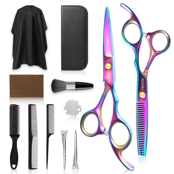 Hecho.Ds 12 PCS Hair Cutting Scissors Kits, Hairdressing Scissors Set,Professional Haircut Scissors Kit with Cutting Scissors,Thinning Shears for Man Woman Adults Kids Home Salon (Rainbow)