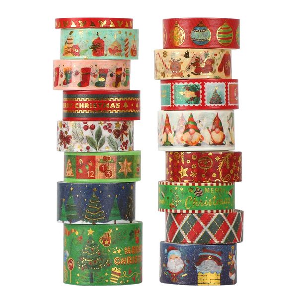 PAIVSUN 16 Rollen Washi Tape Weihnachten Set, Dekorative Masking Tape Weihnachtsbäume Goldfolie Klebeband für Weihnachten Handwerk DIY Scrapbooking Planer Geschenk Verpackung Dekorationen