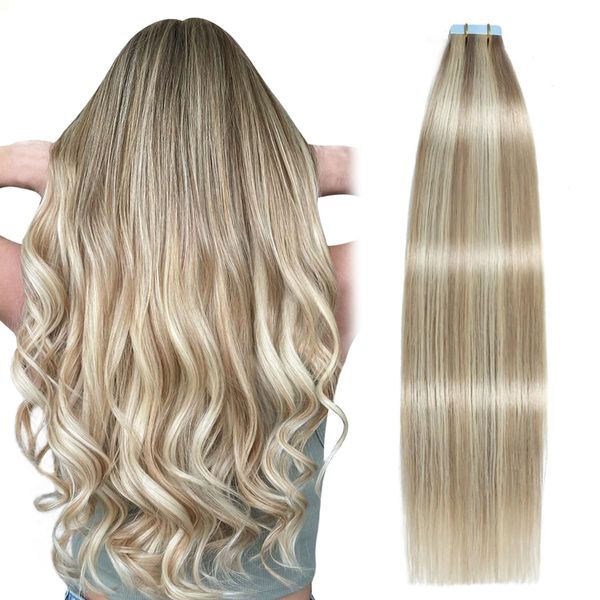 SUYYA Tape Extensions Echthaar,Invisible Tape in Extensions Echthaar Seidig Gerade Remy Tape Haarverlängerungen Echte Menschliches Haar 18 Zoll 45cm 20 Stück 50G #18/613 Aschblond mit Bleichblond