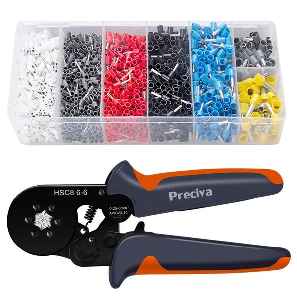 Ferrule Crimping Tool Kit with 1900PCS Wire Connectors, Preciva Hexagonal AWG23-10 Sawtooth Self-Adjustable Ratchet Wire Terminals Crimper Kit