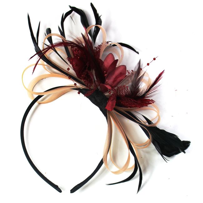 Caprilite Fashion Salmon Nude Pink and Burgundy Red Net Hoop Feather Hair Fascinator Headband Wedding Royal Ascot Races