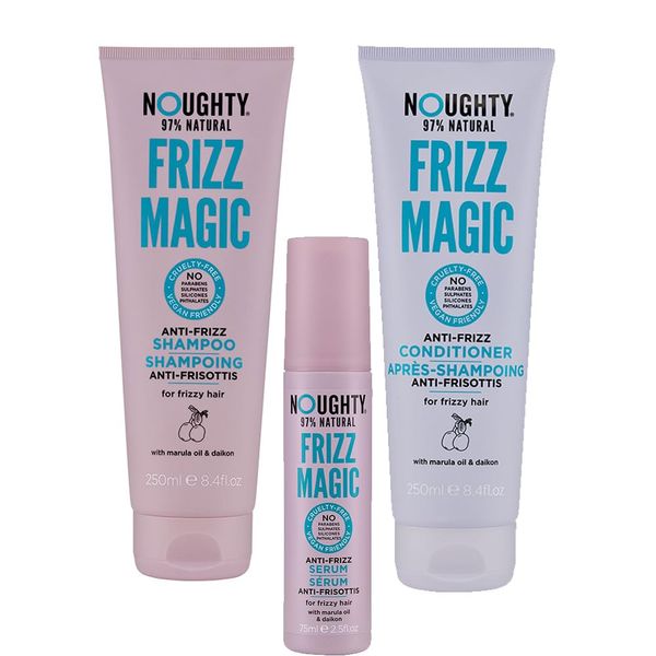 Noughty 97% Natural Frizz Magic Shampoo, Conditioner and Serum, Anti Frizz for Frizzy and Curly Hair to Smooth and Shine with Marula Oil and Daikon, Sulphate Free Vegan Haircare 2 x 250ml, 1 x 75ml
