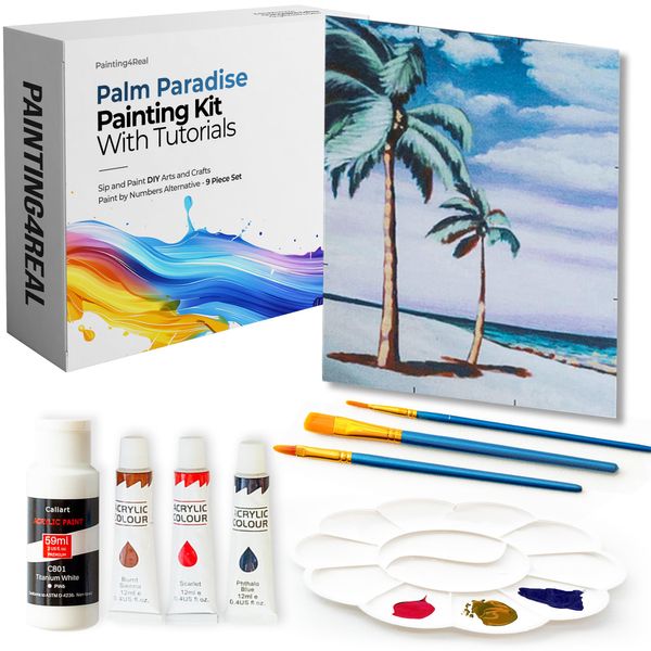 DIY Painting Class Kit for Adults: Learn to Paint This Palm Paradise with Video Tutorials – How to Paint with Acrylics – Painting & Art Supplies – 9 Piece Acrylic Paint Set