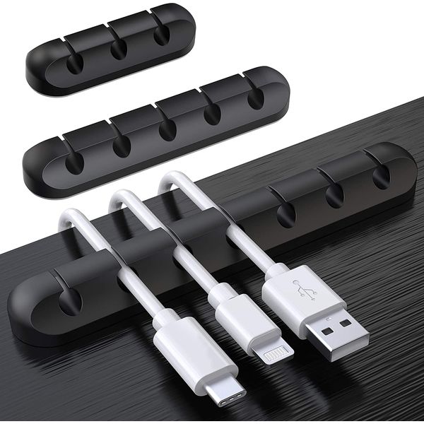 SOULWIT 3 Packs of Black Cable Holder with 3/5/7 Slots, Cable Clip, Lightning Cable, USB Cable, Charging Cable, Headphone Cable, Mouse Wiring, Keyboard Wiring, Desk Cord, Organizer, Double-Sided Tape, Clip