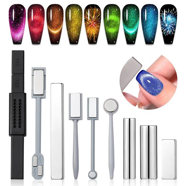 SAVILAND Cat Eye Magnet: 9PCS Cat Eye Gel Nail Polish Magnet Tools Set Strong Suction Nail Magnet for Nails Square Round Magnet Stick Diverse Cat Eye Effect Double Ended Home Salon Nail Art Tools