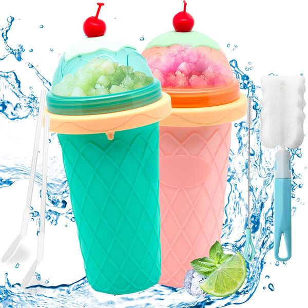 Slush Becher 2-teiliges Set,Silikon Squeeze Cup Slush Eis Becher zum Kneten Smoothie Pinch Ice Cup DIY Slushy Maker Cup Gefrorene Maker Smoothie Becher Sommer-Slush Cup mit Strohhalmlöffel