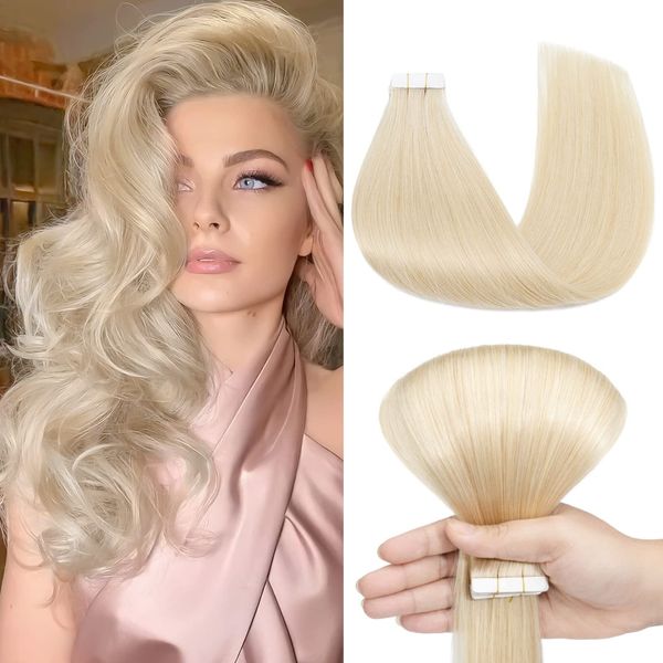 Benehair Tape in Extensions Echthaar, 30 CM Tape in Haarverlängerungen, Invisible Tape in Hair Extensions Human Hair, Seidig Glatte 100% Remy Haar, 10Pcs 20g Platinblond #60