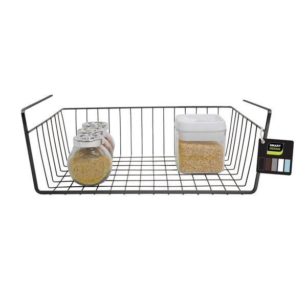 Smart Design Undershelf Storage Basket - Medium - Snug Fit Arms - Steel Metal Wire - Rust Resistant - Under Shelves, Cabinet, Pantry, and Shelf Organization - 16 x 5.5 Inch - Charcoal Gray