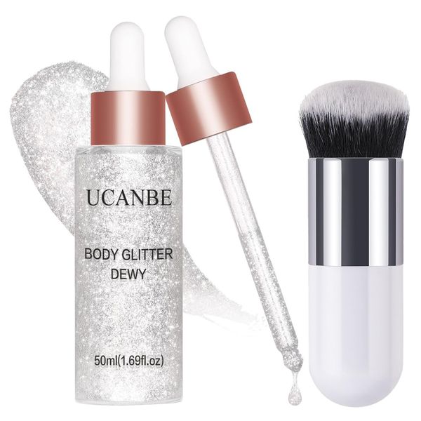 UCANBE Face Body Glitter Liquid Highlighter Illuminator Dewy Drops with Makeup Brush, Makeup Sparkle Shine Luminizer Enhancer Skin Body Shimmer Tint 50ml/1.69oz (02 Silver Fairy White, Standard)