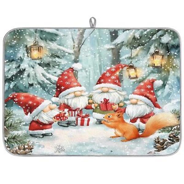 Forest Christmas Dish Drying Mat for Kitchen Counter Gnomes Xmas Dish Drainer...