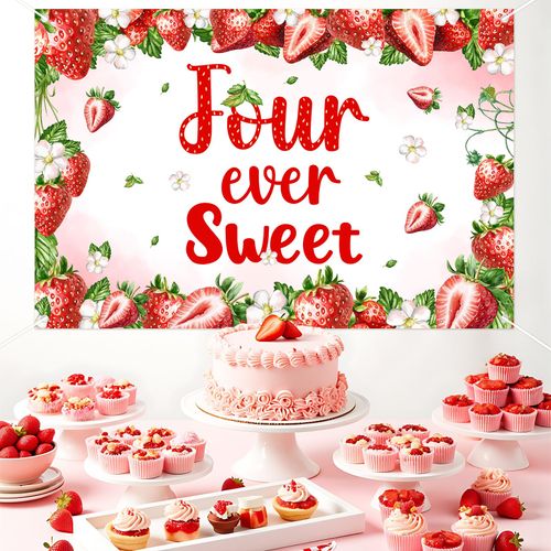 Jollyboom Strawberry 4th Birthday Decorations for Girls, Four Ever Sweet Strawberry Birthday Backdrop Banner 5 x 3 ft Pink and Red Background for 4 Year Old Berry Sweet 4th Birthday Party Supplies