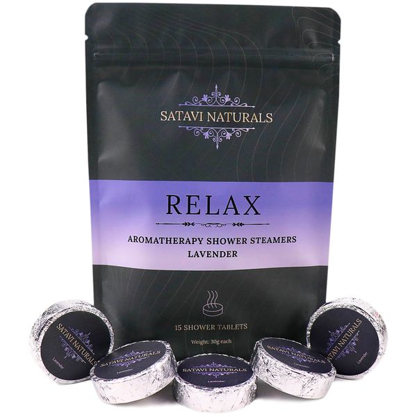 Satavi Naturals Relax (30g Tablets - 15 Pack) Lavender Aromatherapy Shower Steamers for Women & Men, Natural Essential Oils, Shower Bath Bombs, Vapor Tabs for Aromatic Self-Care