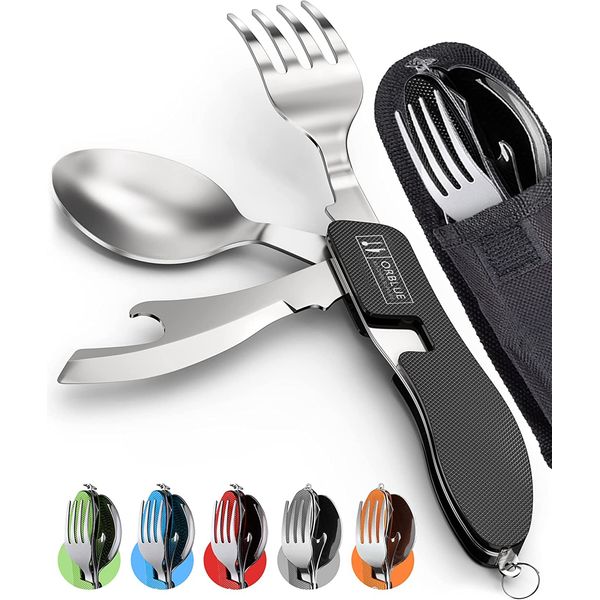 Oblu Outdoor Caratry 4 in 1 Set | Great for Solo Camping Rice, Knife, Fork, Spoon, Opener, Compact Storage 4 Functions | Separate, Pocket Size, Storage Pouch, Dishwasher Safe