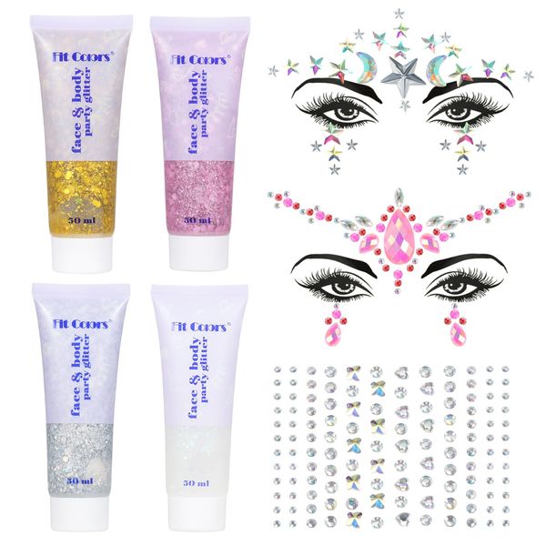 Bestauty Festival Glitzer Gesicht Body Glitter Gesicht Strasssteine Schmucksteine Selbstklebend Glitzersteine Long-Lasting Glitter Powder, für Festival Makeup, beliebte Farben-Weiß,Gold,Rosa,Silber