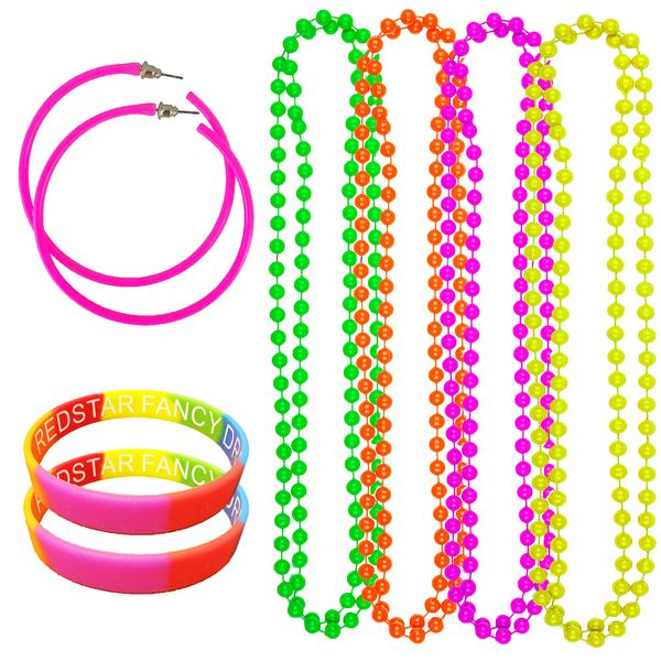 Neon Party 80s Hoop Earrings 4 Pack Neon Necklace Beads And Multicoloured Wristbands - Rave Disco Hen 1980s Fancy Dress Set Neon Accessories Hen Party (Pink)