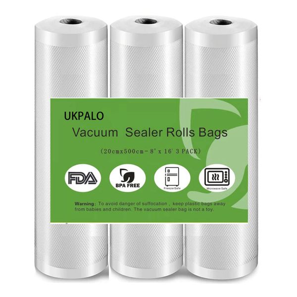 UKPALO 3 Pack 20cm x 500cm Vacuum Sealer Bags Rolls, 4 mil Thicken Food Save Vacuum Sealer Bags, BPA-Free Vacuum Seal Rolls, Great for Vac Seal Storage and Sous Vide