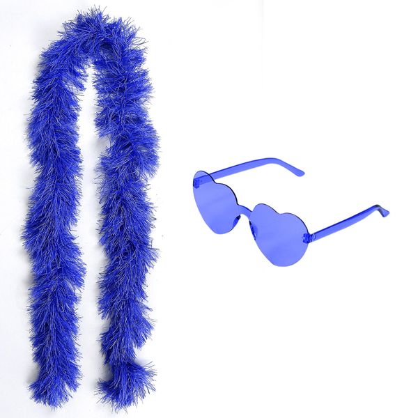 LACGO Feather Boas with Glasses, Artificial Boas Heart Rimless glasses for Women Girls Bachelorette Dancing Costume Christmas Halloween Accessories Fishnet Gloves Party Supplies (Blue)