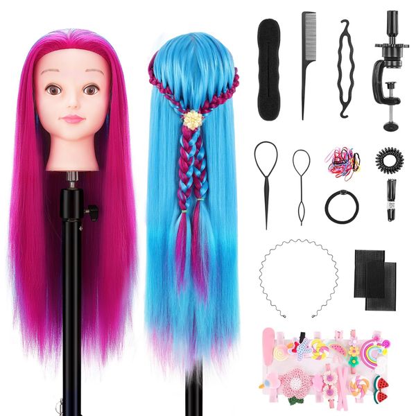 Mannequin Head with Hair, 29" Cosmetology Mannequin Head Manikin Head with Synthetic Fiber Hair Practice Doll Head for Hair Styling Training Braiding with Clamp Holder and Tools