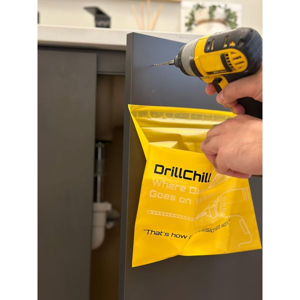 DrillChill Dust Catcher Bags - 30PCS Disposable Yellow Dust Collector Bags for Drywall, Brick, Concrete Wall Drilling, Self-Adhesive, PRO and DIY Use, Trash Bags, Keeps Floors Clean