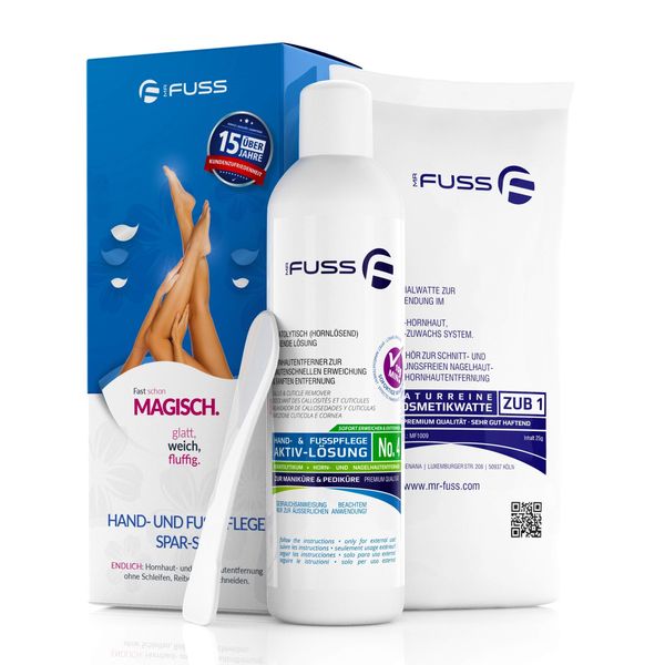 Mr. Fuss Hornhautentferner Lösung zur sanften Hornhautentfernung Schnell erweichende Lotion 250ml No. 4 im Plus Pack. Fußpflege Pediküre Set ohne Schleifen mit Sofort-Effekt.