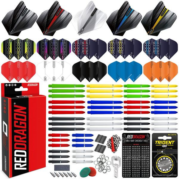 200 Piece Darts Custom Fit Pack Set | Dart Flights | Dart Shafts (Stems) | Trident 180's | Flight Savers | Finger Grip Wax | Rings | Toolkit Bottle Opener | Point Sharpener | Point Protectors