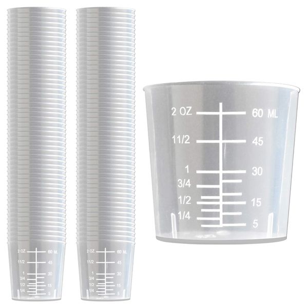 100 Pack - RE-GEN 60ml Graduated Clear Reusable Measuring Cups Pots Container Beaker Tubs - Ideal for Medicine, Kitchen Cooking, Catering, Medical Lab, Home