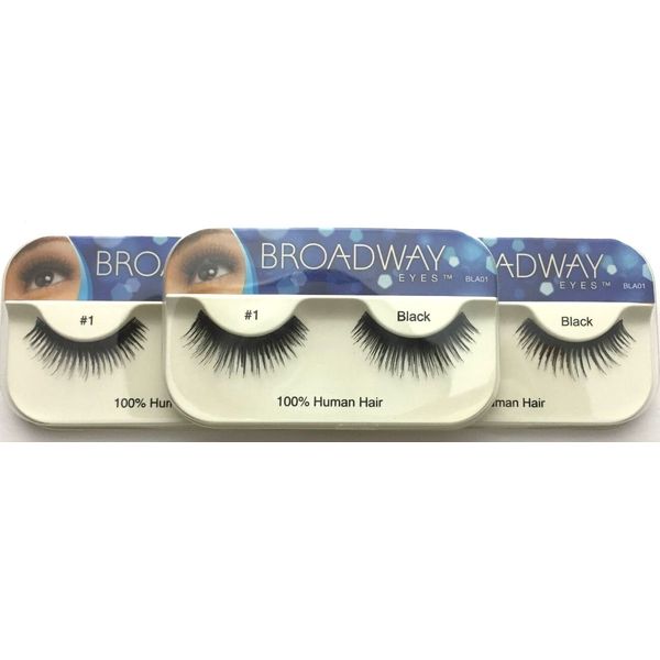 NEW LOT OF 3 BROADWAY EYES BLA01 100% HUMAN HAIR BLACK STRIP #1 EYELASHES