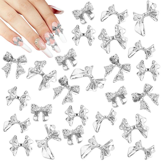 60PCS Bow Nail Charms 3D Silver Nail Charms 6 Styles Ribbon Bowknot Nail Art Rhinestone Bow Gems Nail Jewelry Nail Art Decorations for Nail Art and DIY Crafts