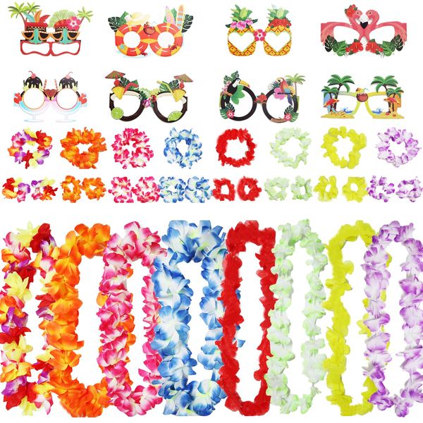 Decodinli 40 PCS Hawaiian Leis Party Decorations with 8 PCS Flower Headband, 8 PCS Neck Garland, 16 PCS Wristband and 8 PCS Paper Glasses for Hawaii Luau Party Favors, Hawaiian Leis Party Accessories