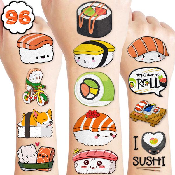 Sushi Temporary Tattoos 8 Sheets 96 PCS Sushi Roll Party Decorations Favors Supplies Japanese Theme Birthday Cute Stickers Christmas Gifts for Boys Girls Kids Class School Prizes Carnival