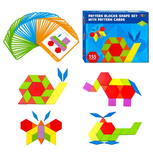 155 PCS Wooden Pattern Blocks Set, 24 Double-Sided Design Cards(48 Patterns) Geometric Shape Puzzle Fun Tangram Montessori Learning Toys for Kids Ages 4-8 (A Storage Bag & A Gift Box)