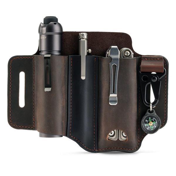 VIPERADE PJ29 EDC Multitool Leather Sheath for Belt,Flashlight Holster Knife Sheath with Keychain,Leather EDC Pocket Tool Organizer for Men,EDC Belt Organizer for flashlight knife pen keys(Brown)