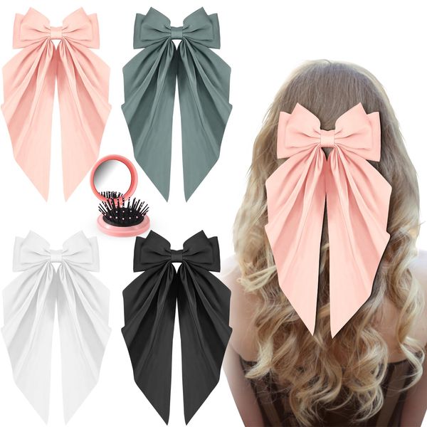 4PCS Hair Bows for Women and Girls, Big Bows for Hair and Travel Hair Brush, Silky Satin Ribbon Bow Hair Metal Clip with Oversized Long Tail