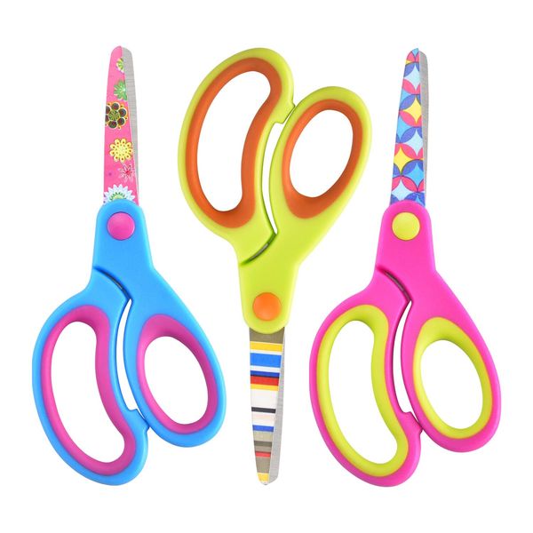 Zicolu Kids Scissors Set of 3 pack, Safety Children Scissors, Craft Scissors with Blunt Tip Floral Print Blade and Soft Grip, Great for Home and School, Blue/Purple/Yellow