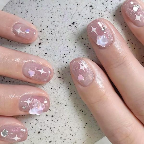 24pcs Short Round False Nails Nude Pink Stick on Nails Glitter Silver Star Heart Rhinestone Press on Nails Removable Glue-on Nails Full Cover Acrylic Fake Nails Set Women Nail Art Accessories