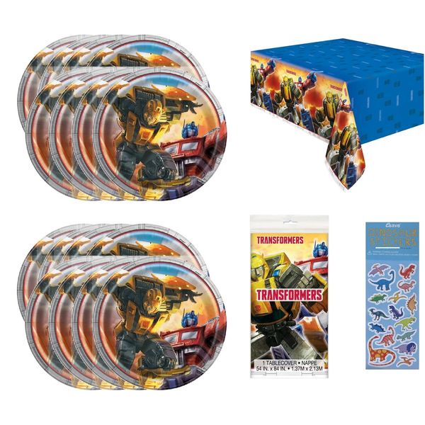 Transformers Party Supplies Bundle Pack includes 16 Dessert Cake Plates, 1 Plastic Table Cover