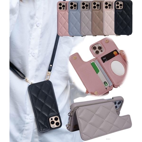 Liisea iPhone 13 Case, Shoulder Quilting, iPhone13 Case, Smartphone Case, iPhone 13, Back Card Storage, Notebook Type, Iphone13 Case, Shockproof, 13 Case, iPhone Case 13, Case with Strap, iPhone Case