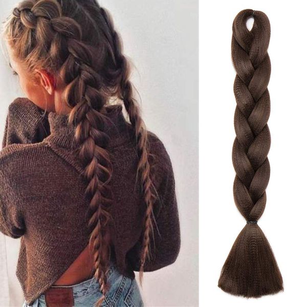 [Medium Brown] 24 Inch One Piece Braiding Hair Extension Full Bundle 100g Synthetic Crochet Twist Hair For Women Heat Resistant