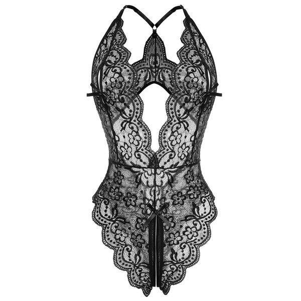 LadyIn Women's Sexy Lingerie One Piece Women Deep V Teddy Floral Lace Bodysuit Babydoll Black