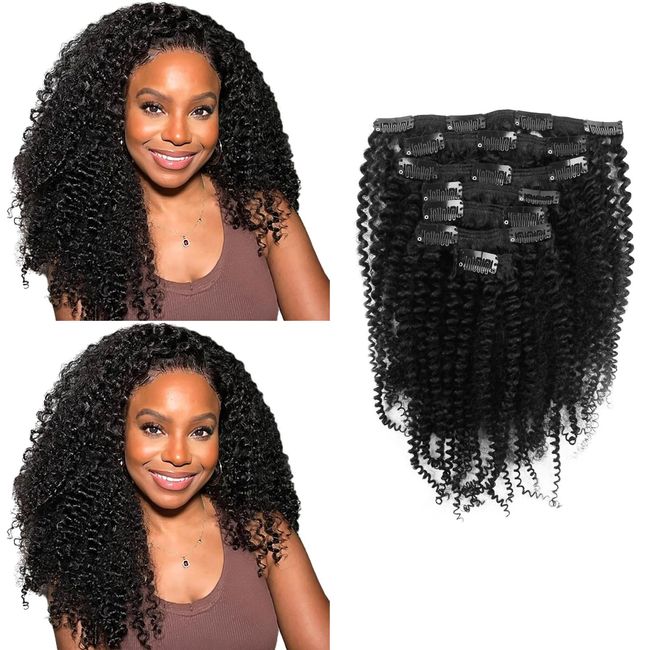 MIMIESEAT Kinky Curly Clip in Hair Extensions Real Human Hair 3C for Black Girl 4A Kinky Curly Human Hair Extension Clip ins Double Wefts Clip in Hair Natural Black 18 Inch 120G 7 Pcs Per Set